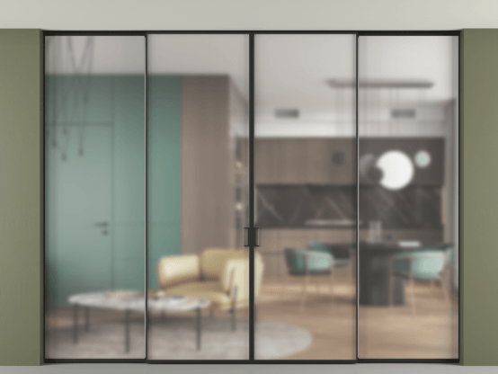 Алюминевая перегородка p2+2_01 Matelux Crystalvision ЧЕР. Цвет Алюминий Черный. Материал Алюминий. Коллекция Перегородка Formato внутри проёма скрытое крепление в потолок 4 створки. Картинка.