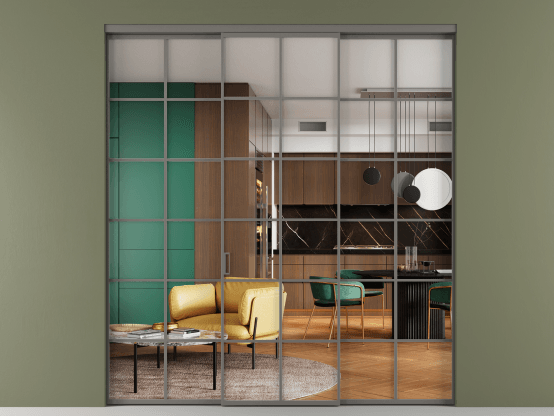 Алюминевая перегородка АЛПР 040.05_АКЛС_Crystalvision_new. Цвет Алюминий классический серый. Материал Алюминий в эмали. Коллекция Перегородка Formato внутри проёма 3 створки. Картинка.