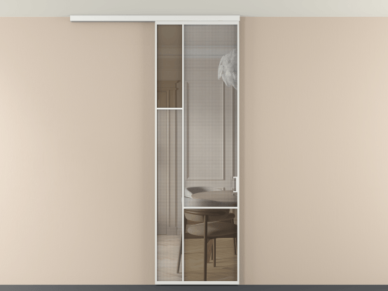 Алюминевая перегородка vdp1_6_АБЛ_MS+Бронза триплекс_new. Цвет Алюминий белоснежный. Материал Алюминий в эмали. Коллекция Перегородка Mosaic вдоль стены на потолок 1 створка. Картинка.